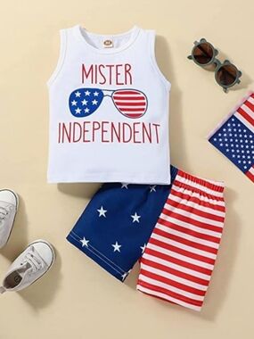 ​Toddler Boys 4th of July Outfit Tank Top & Flag Stripe Star Shorts Summer Set